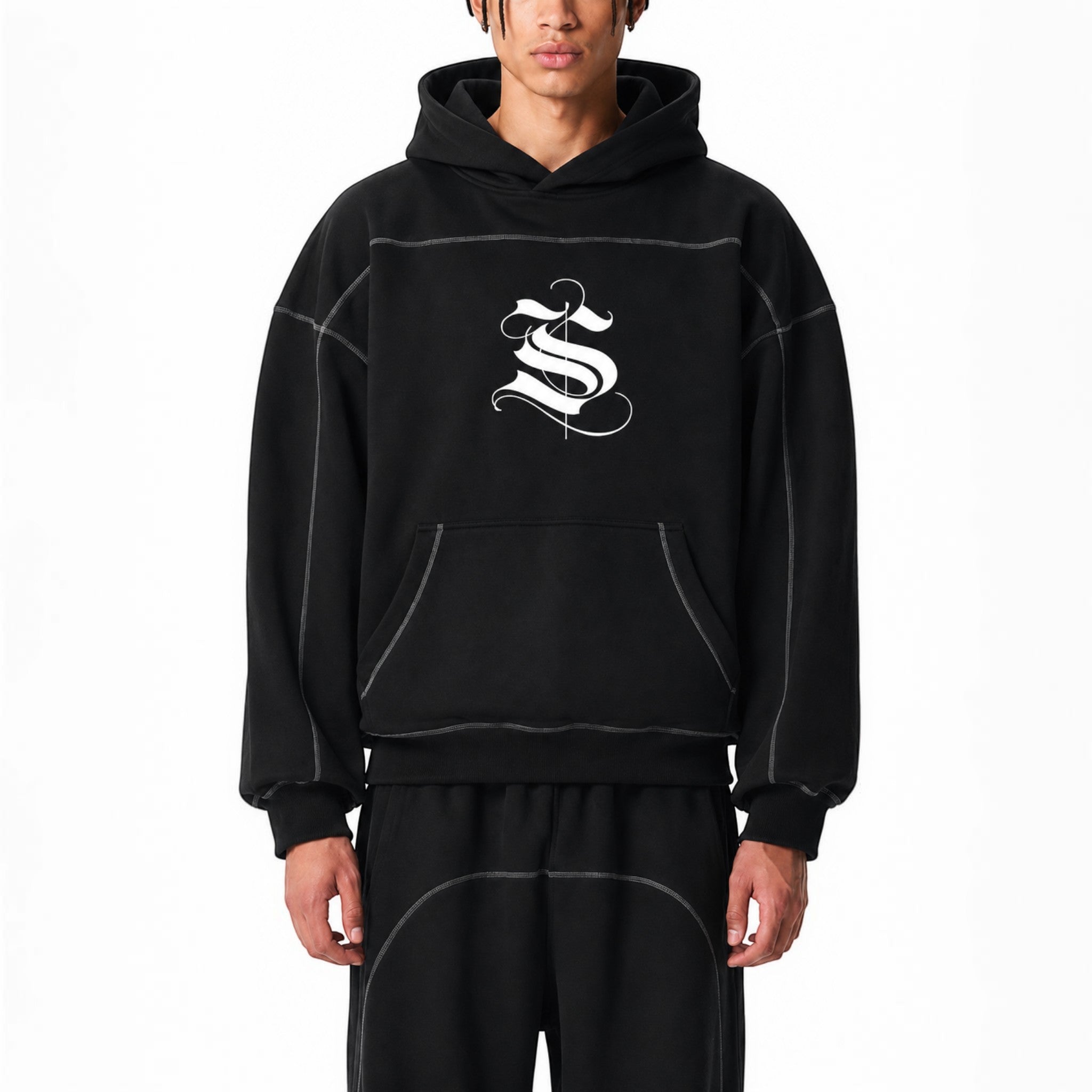 Cole contrast-stitched boxy fleece hoodie Studio Ruban — front view
