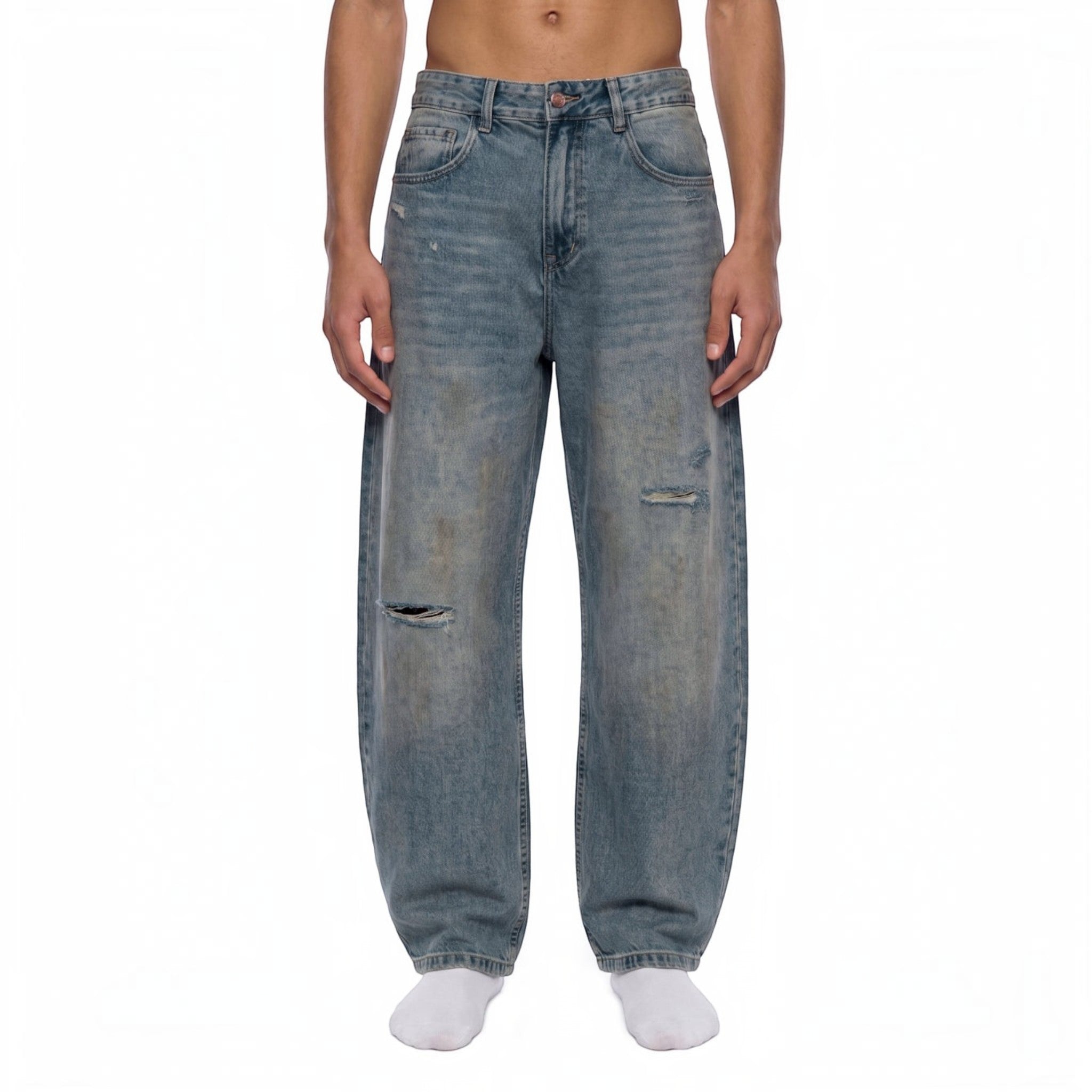 Rux Distressed Barrel Leg Jeans Studio Ruban — front view