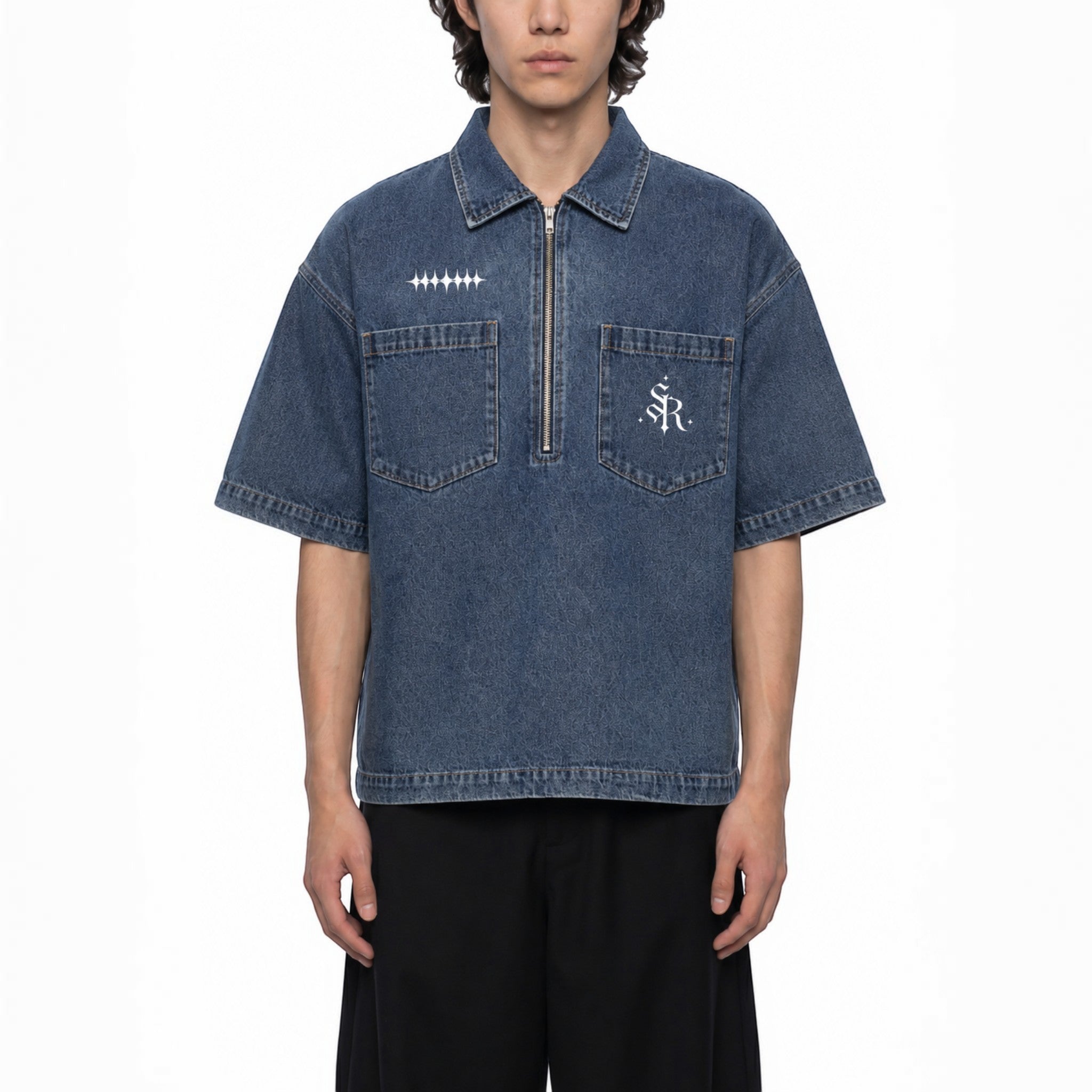 Quill Quarter-Zip Denim Shirt Studio Ruban — model back