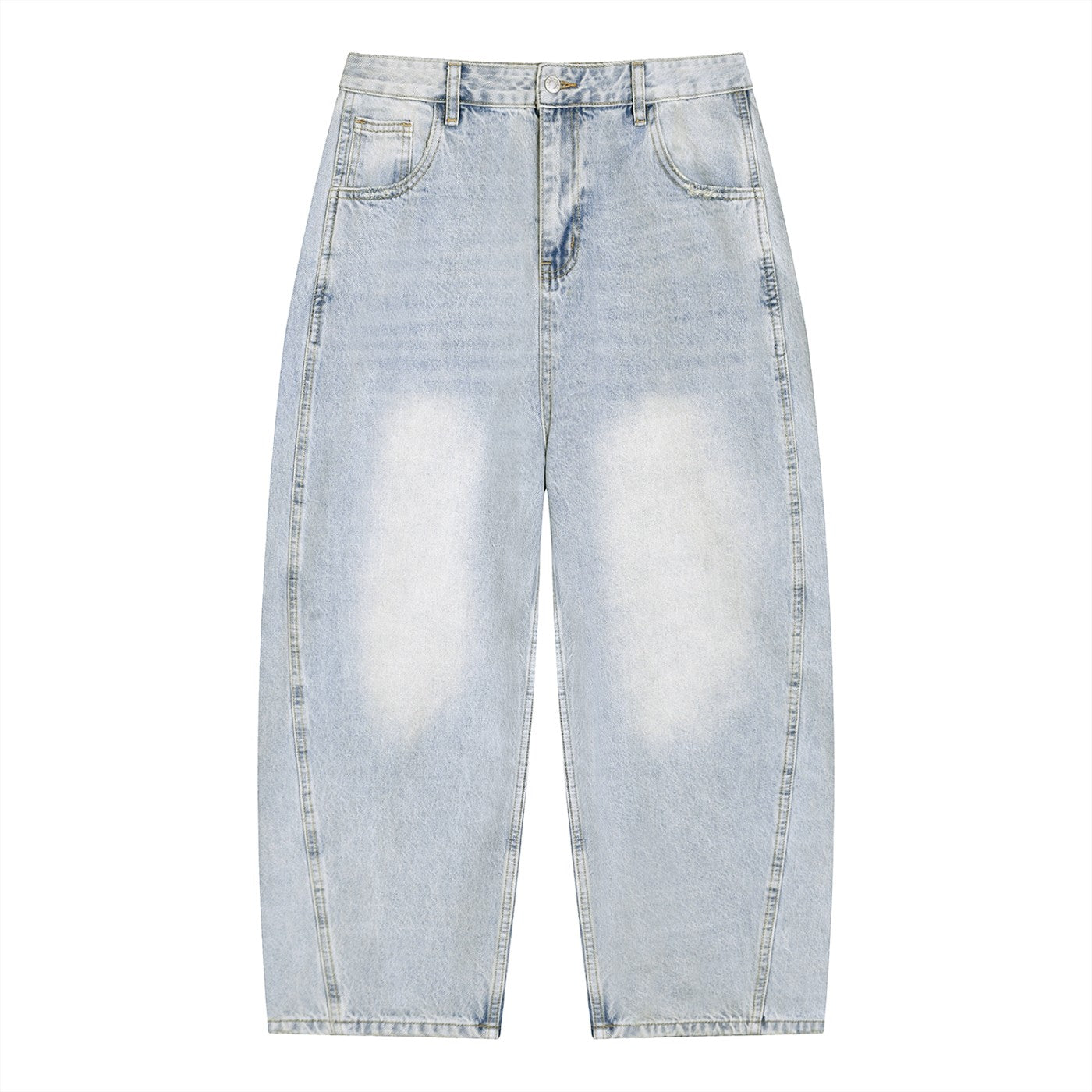 Studio Ruban Ash Barrel Leg Jeans in light blue sunfaded denim with raw frayed hem and loose mid-waist fit.
