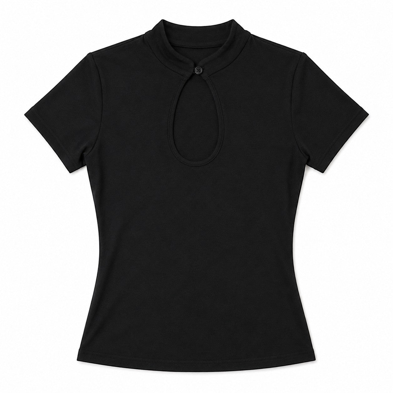 Studio Ruban black short-sleeved t-shirt with cheongsam collar and keyhole cutout with button detail.