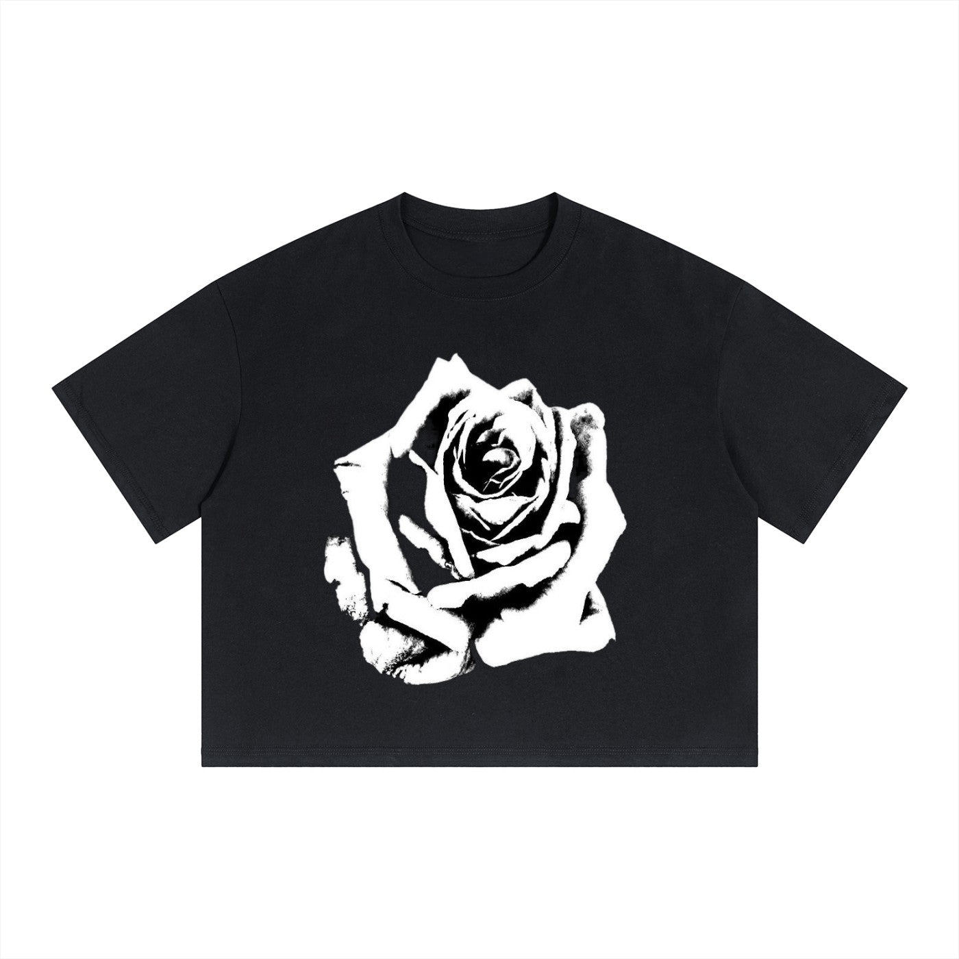 Studio Ruban black 100% cotton boxy drop shoulder crop t-shirt with white rose graphic.