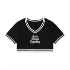 Studio Ruban Women's black V-neck crop t-shirt with white trim and