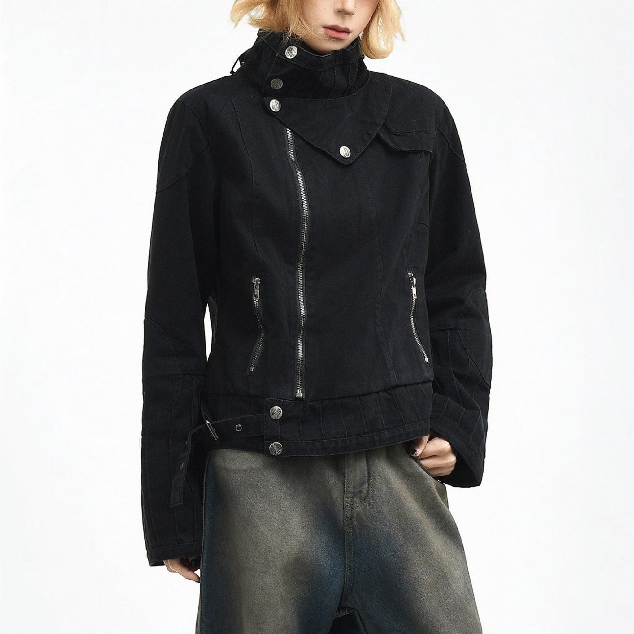 Studio Ruban black distressed denim cropped biker jacket with stand-up collar and silver hardware.