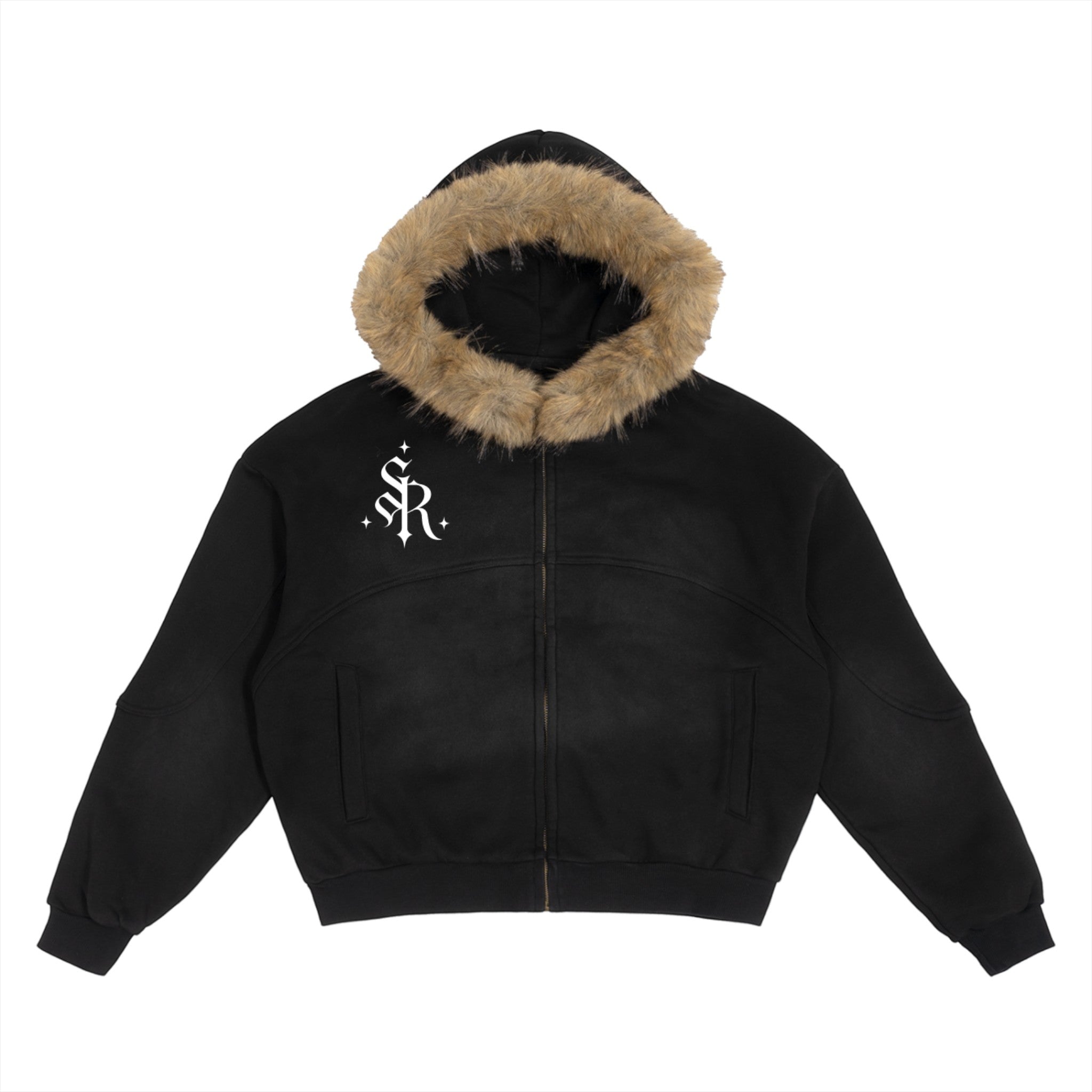 Studio Ruban black faux fur trimmed hooded bomber jacket with embroidered SR logo on chest.