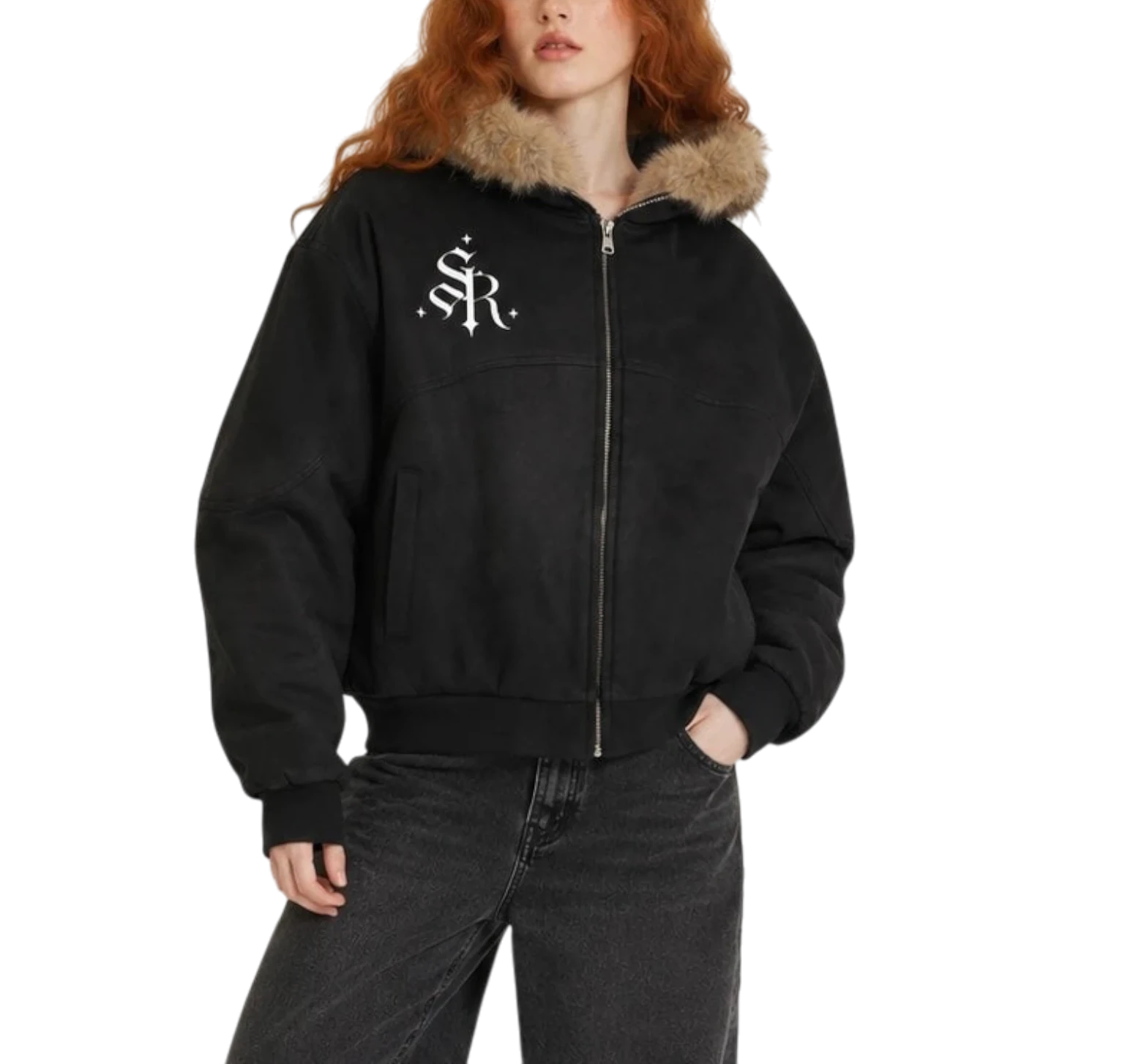 Studio Ruban black bomber jacket with faux fur hood trim and embroidered SR logo on chest. Relaxed fit.