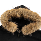 Studio Ruban black hooded bomber jacket with faux fur trim and zip closure.