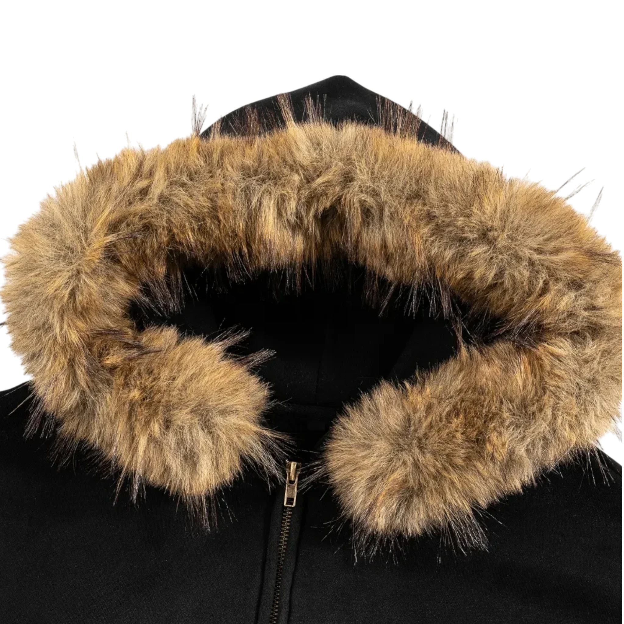 Studio Ruban black hooded bomber jacket with faux fur trim and zip closure.
