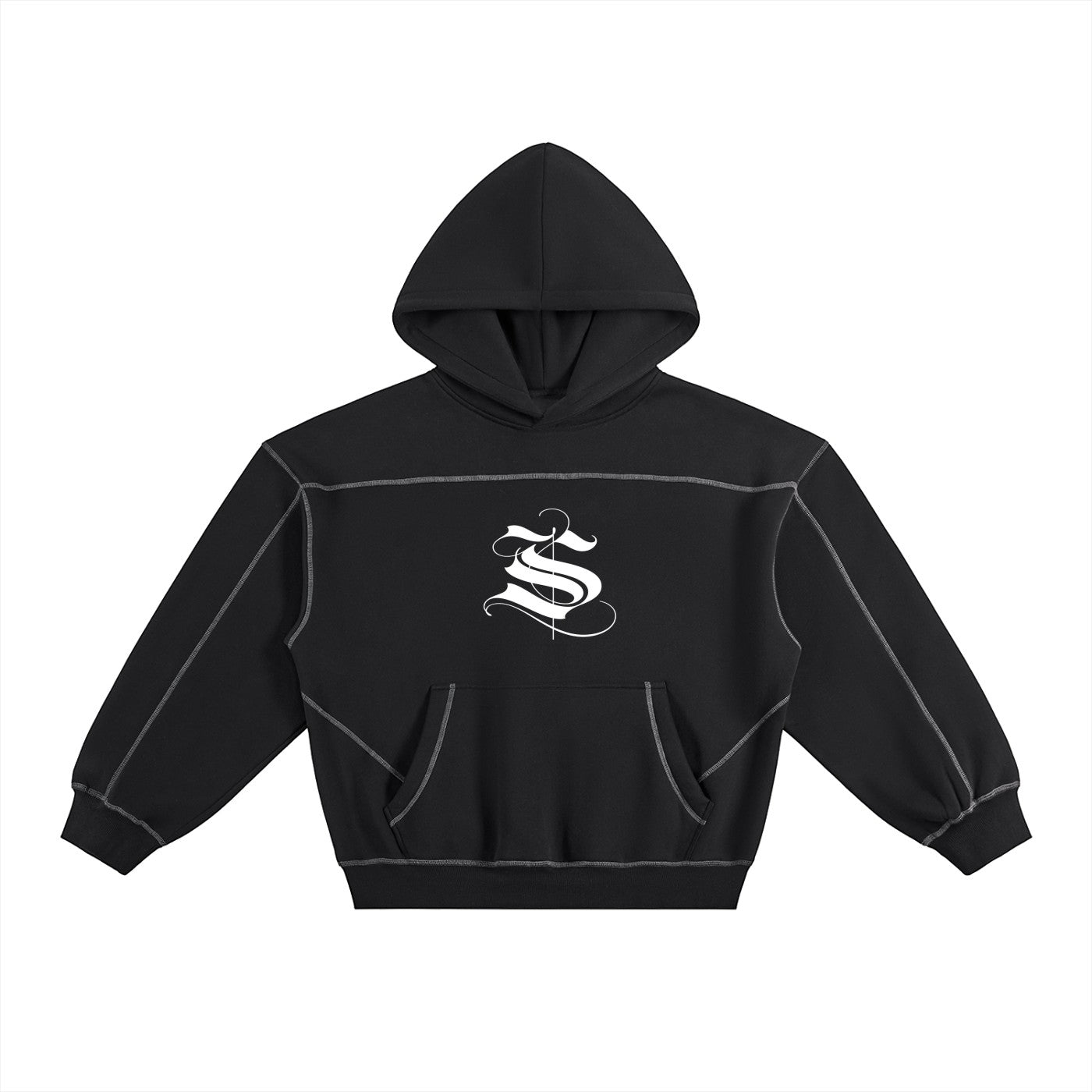Studio Ruban black fleece hoodie with contrast stitching and a white 'S' logo graphic. Features a hood, front pocket, and oversized fit.