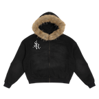 Studio Ruban black oversized hoodie with detachable fur trim hood and white logo on chest. Cotton blend.