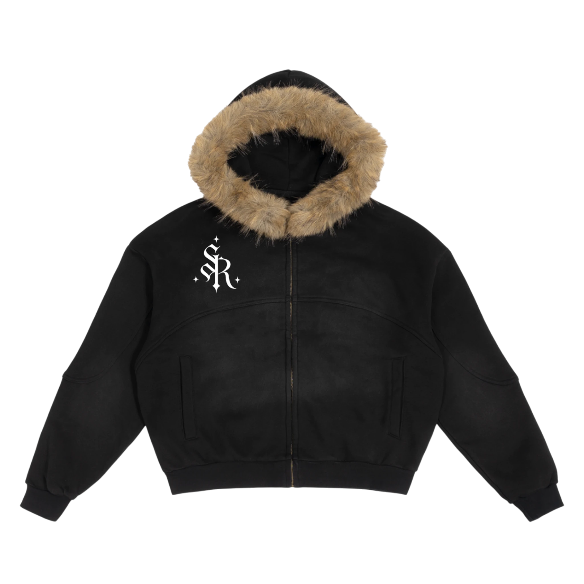 Studio Ruban black oversized hoodie with detachable fur trim hood and white logo on chest. Cotton blend.