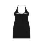 Studio Ruban black ribbed halter dress with white piping and "Art Is Always Legendary" graphic on chest.