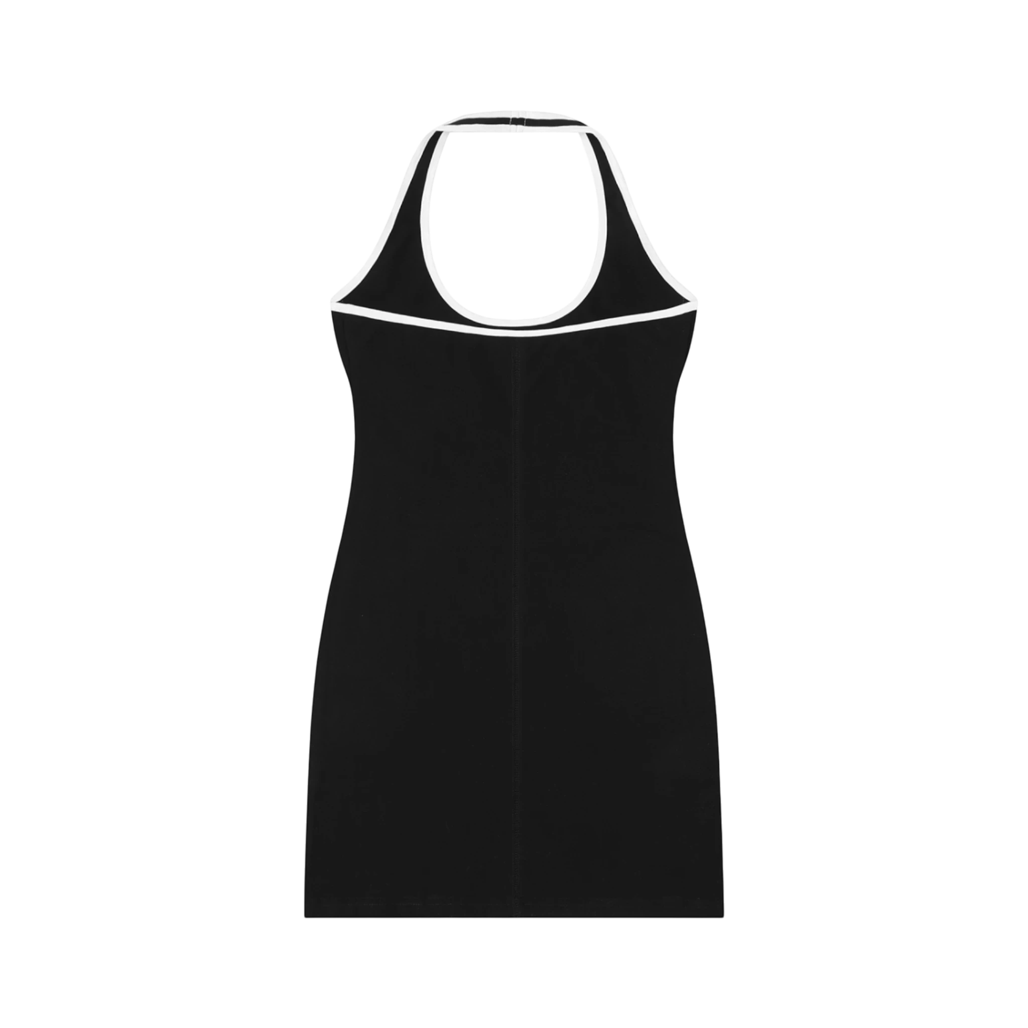 Studio Ruban black ribbed halter dress with white piping and "Art Is Always Legendary" graphic on chest.