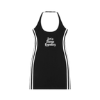 Studio Ruban black cotton blend halter neck mini dress with white trim and gothic text graphic.