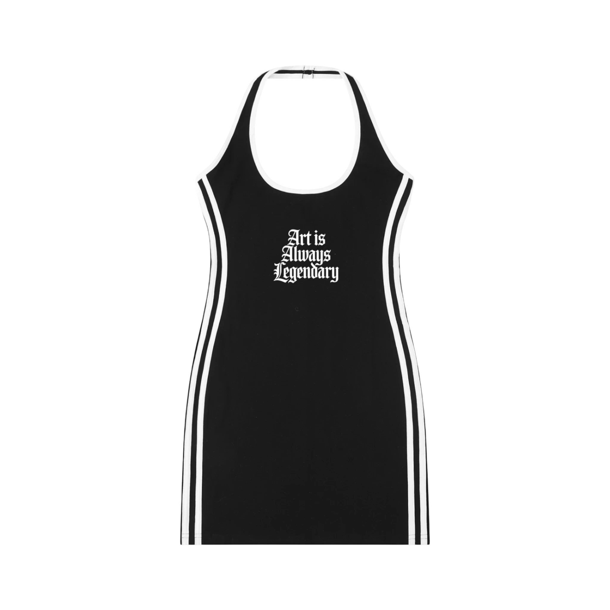 Studio Ruban black cotton blend halter neck mini dress with white trim and gothic text graphic.