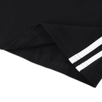 Studio Ruban black cotton blend halter dress with white stripe detail on hem. Sleeveless, U-neck, bodycon style.