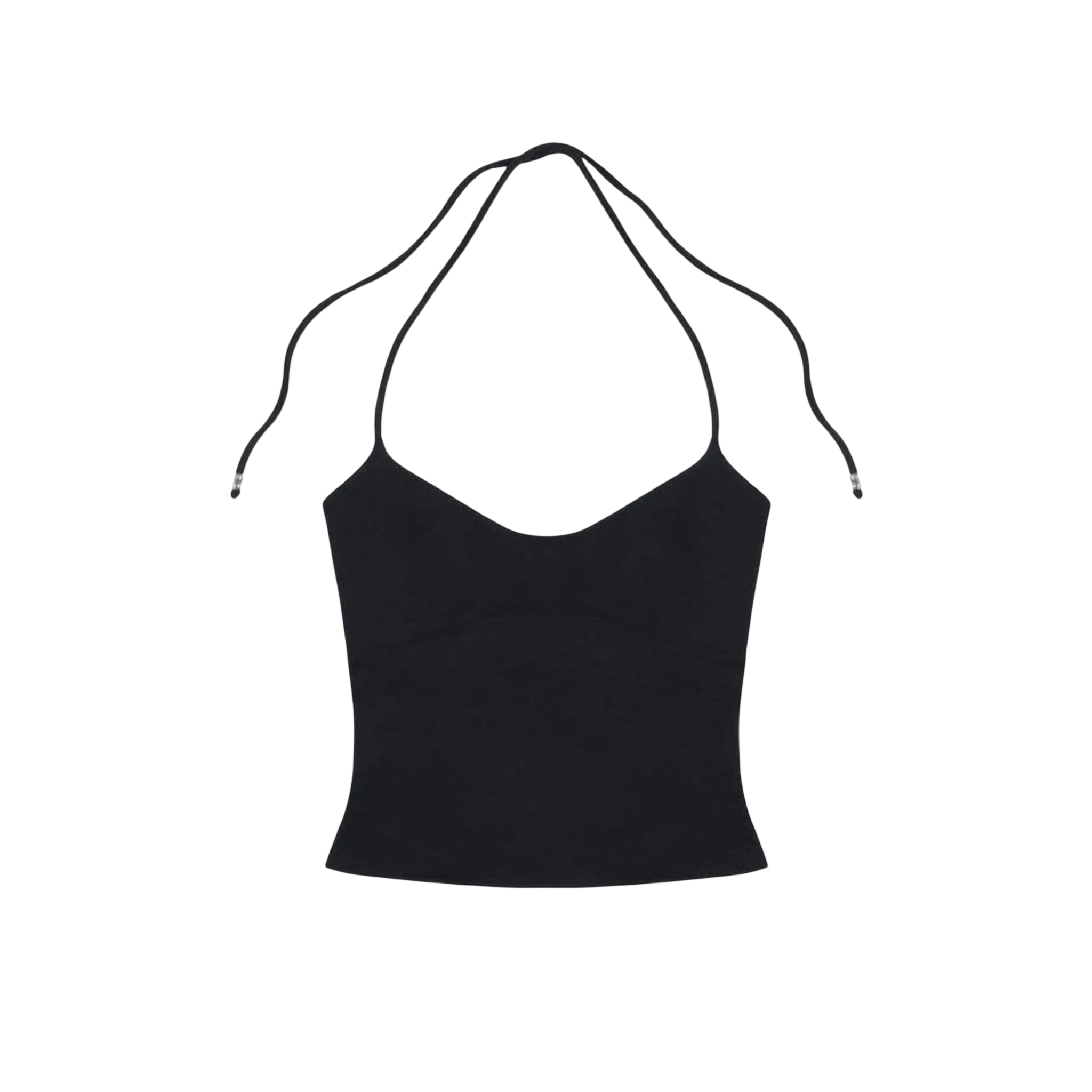 Studio Ruban black halterneck tank top with adjustable tie straps and a sweetheart neckline. Slim fit, slightly elastic.