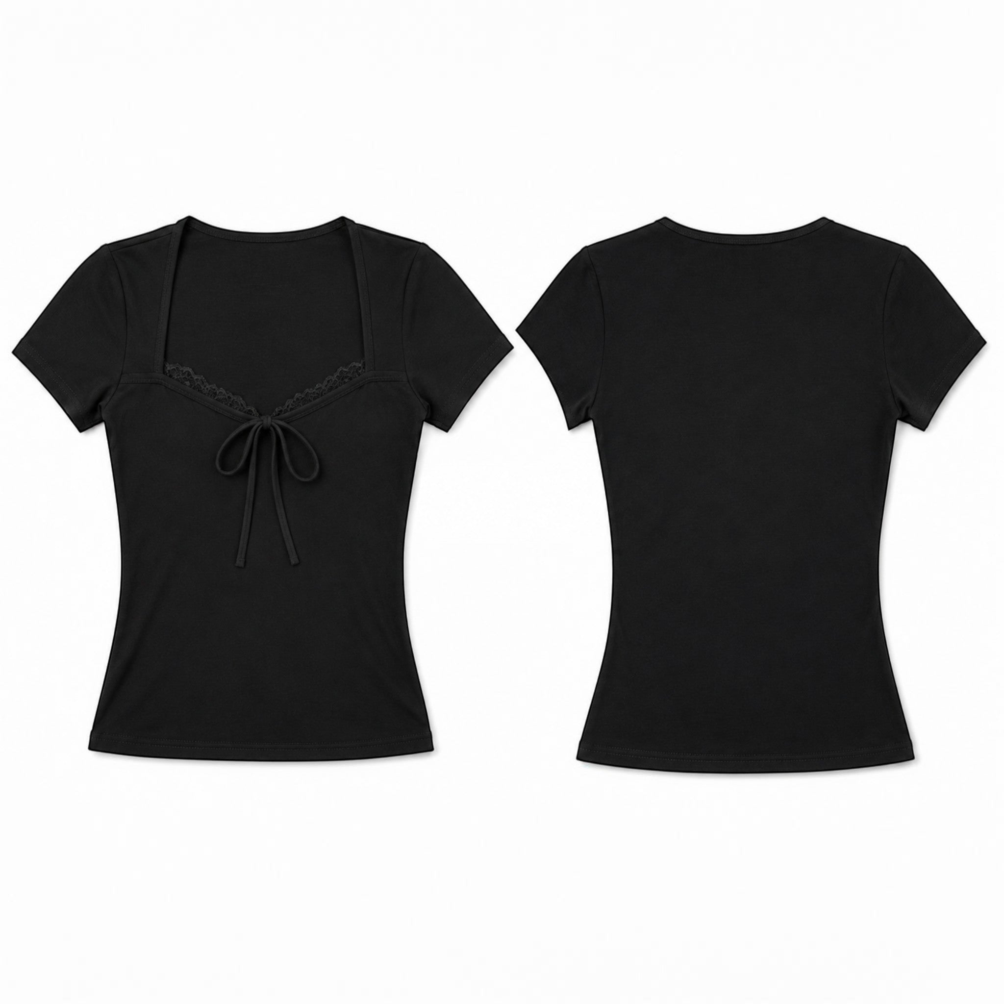 Studio Ruban black short-sleeve crop top with square neckline, lace trim, and front tie detail.