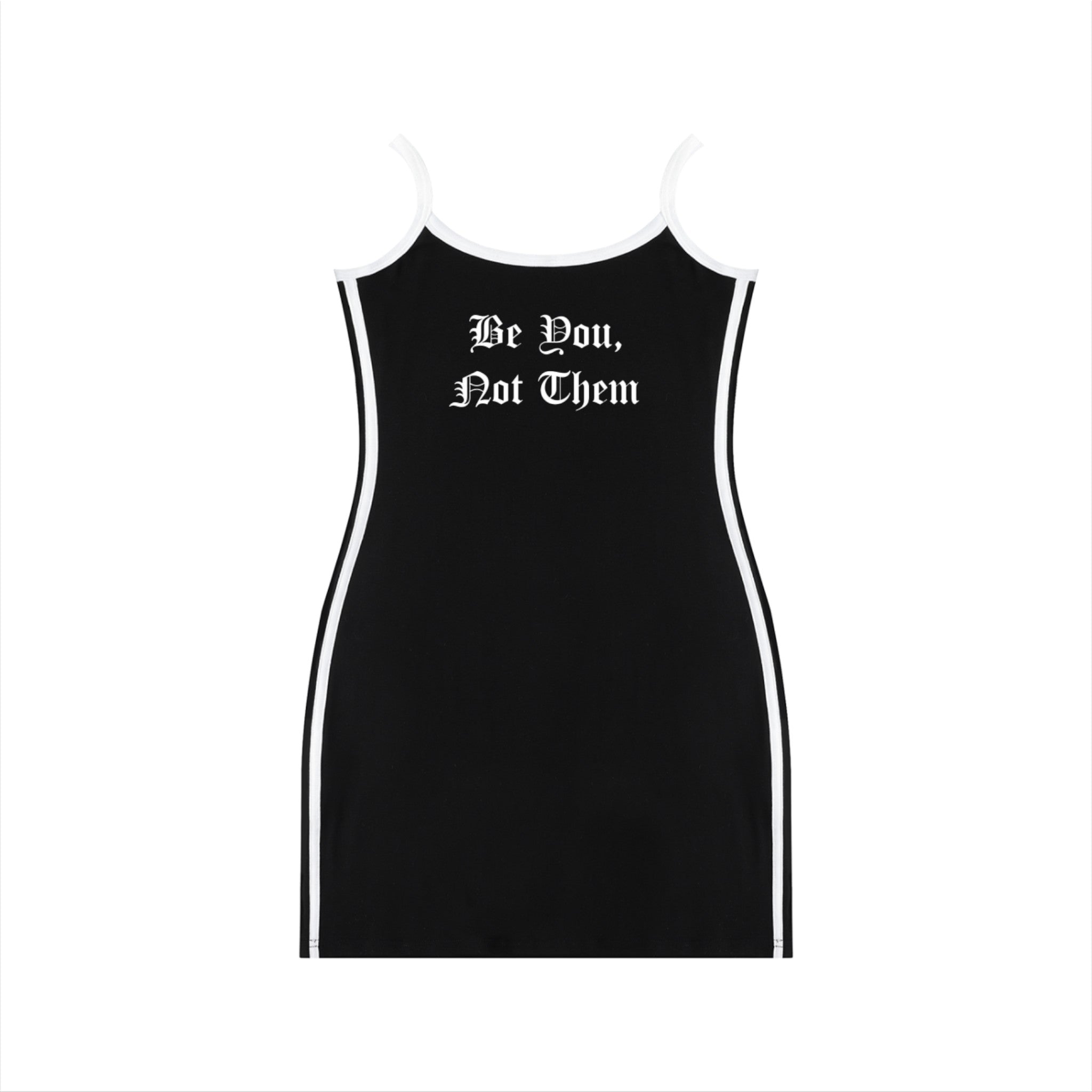 Studio Ruban black mini dress with white trim, spaghetti straps, and "Be You, Not Them" graphic.