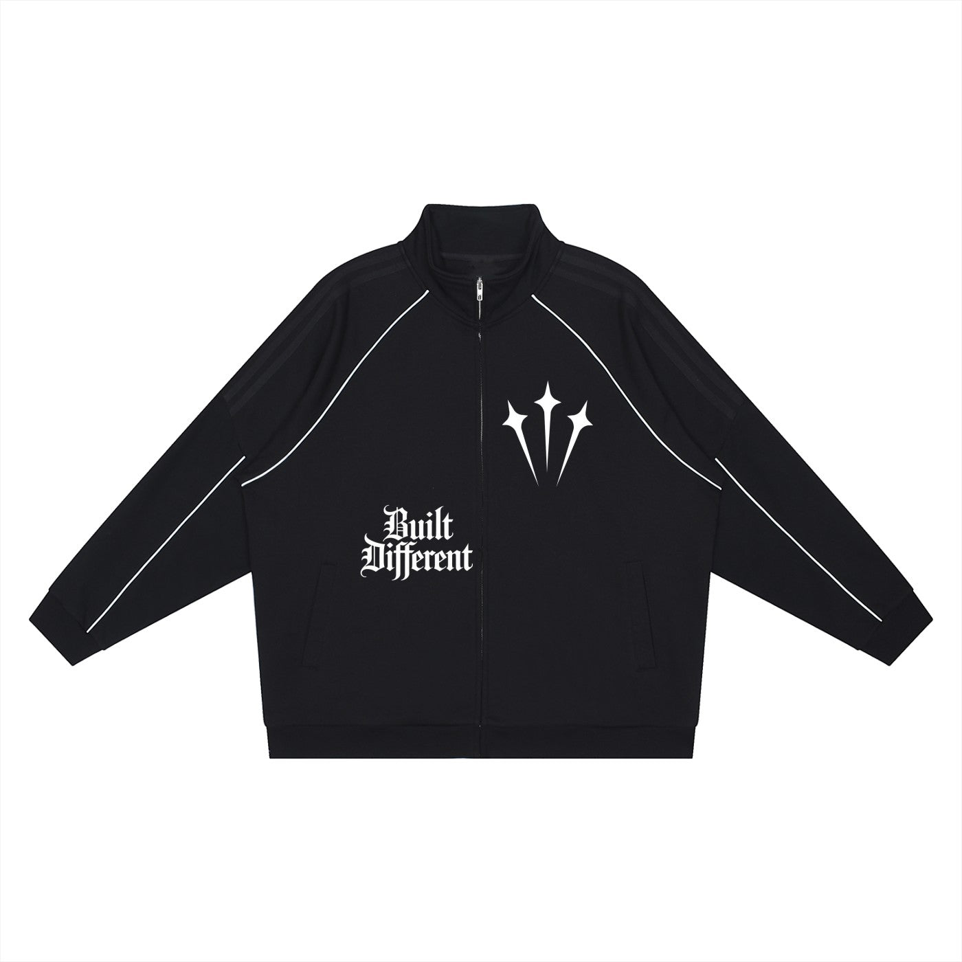 Studio Ruban black cotton blend raglan sleeve jacket with white piping and graphic print on chest.