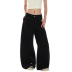 Studio Ruban Risa black cotton blend wide leg cargo pants with studded belt and drawstring cuffs.