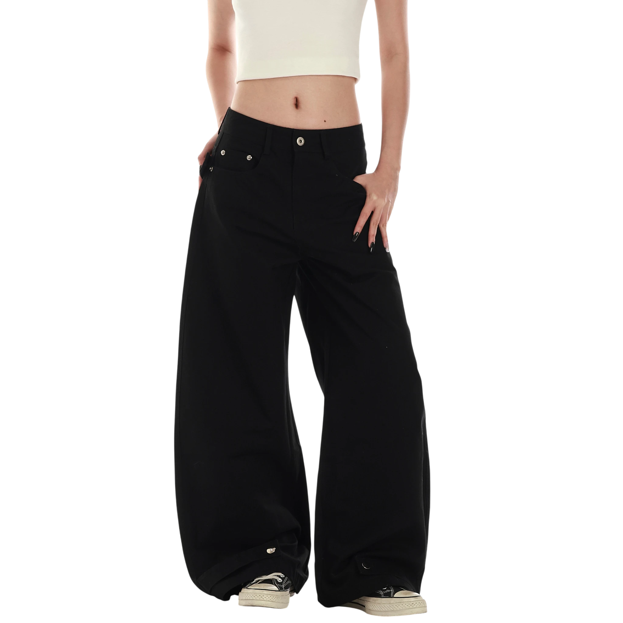 Studio Ruban Risa black cotton blend wide leg cargo pants with studded belt and drawstring cuffs.