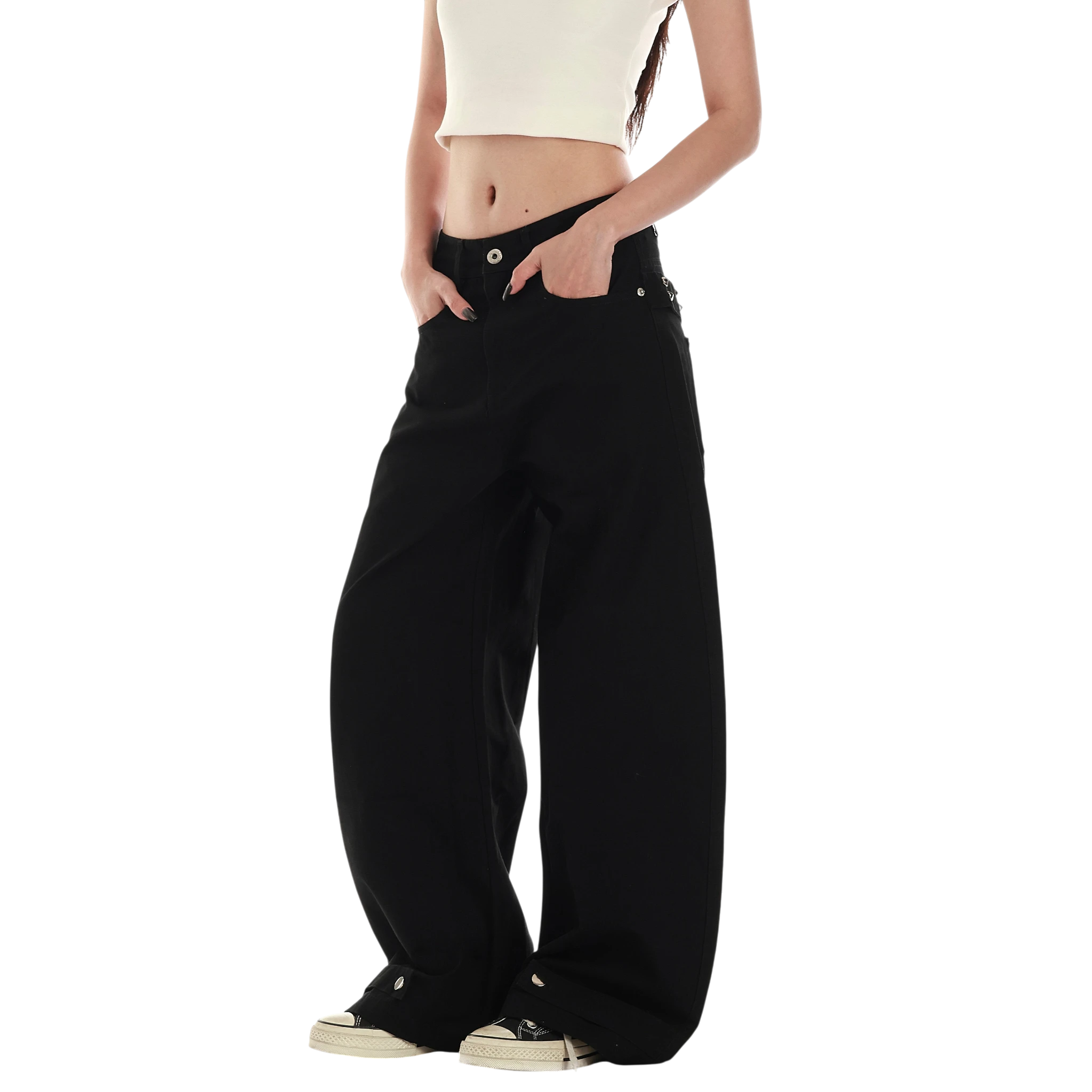 Studio Ruban Risa black wide leg cargo pants with studded belt and utility pockets, made from cotton blend.