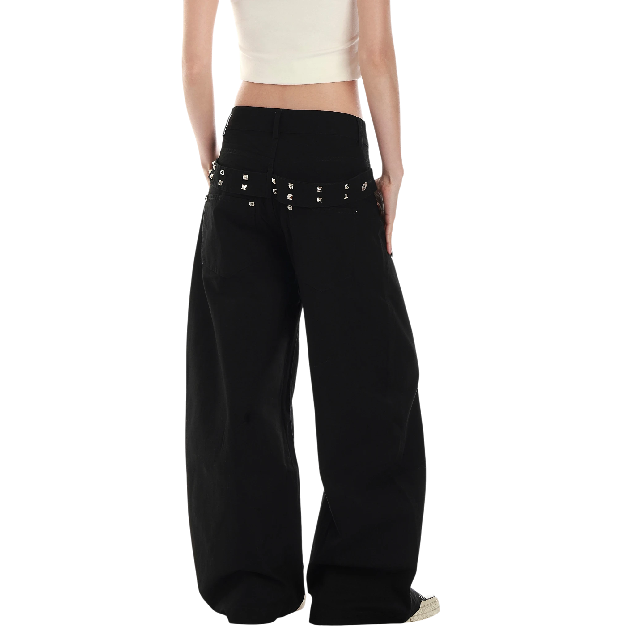 Studio Ruban Risa black wide leg cargo pants with studded belt and utilitarian pockets.