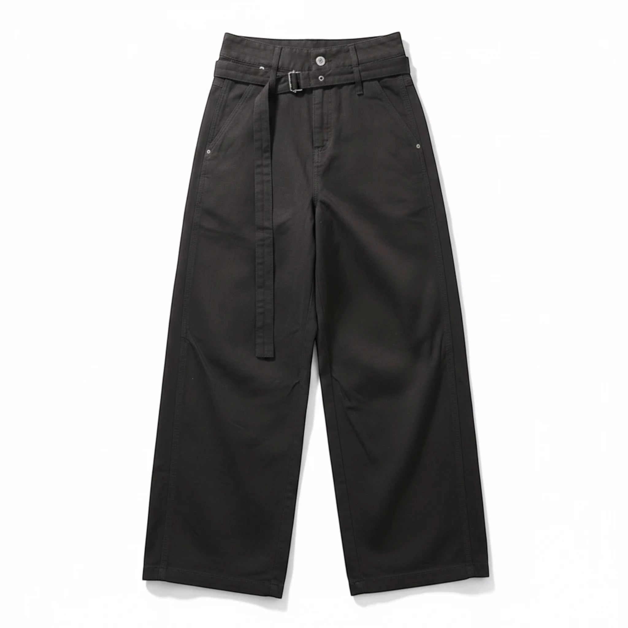 Studio Ruban black wide-leg slacks with a matching belt and buckle, featuring a cleanfit straight-leg design.