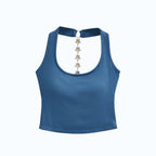 Studio Ruban women's blue sleeveless crop top with a chain of stars detail on the back neck.