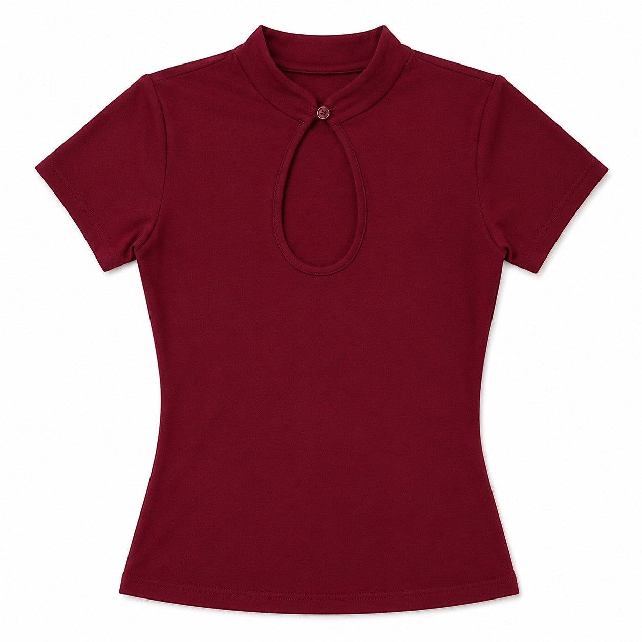 Studio Ruban short-sleeved burgundy t-shirt with cheongsam collar, keyhole cutout, and button detail.