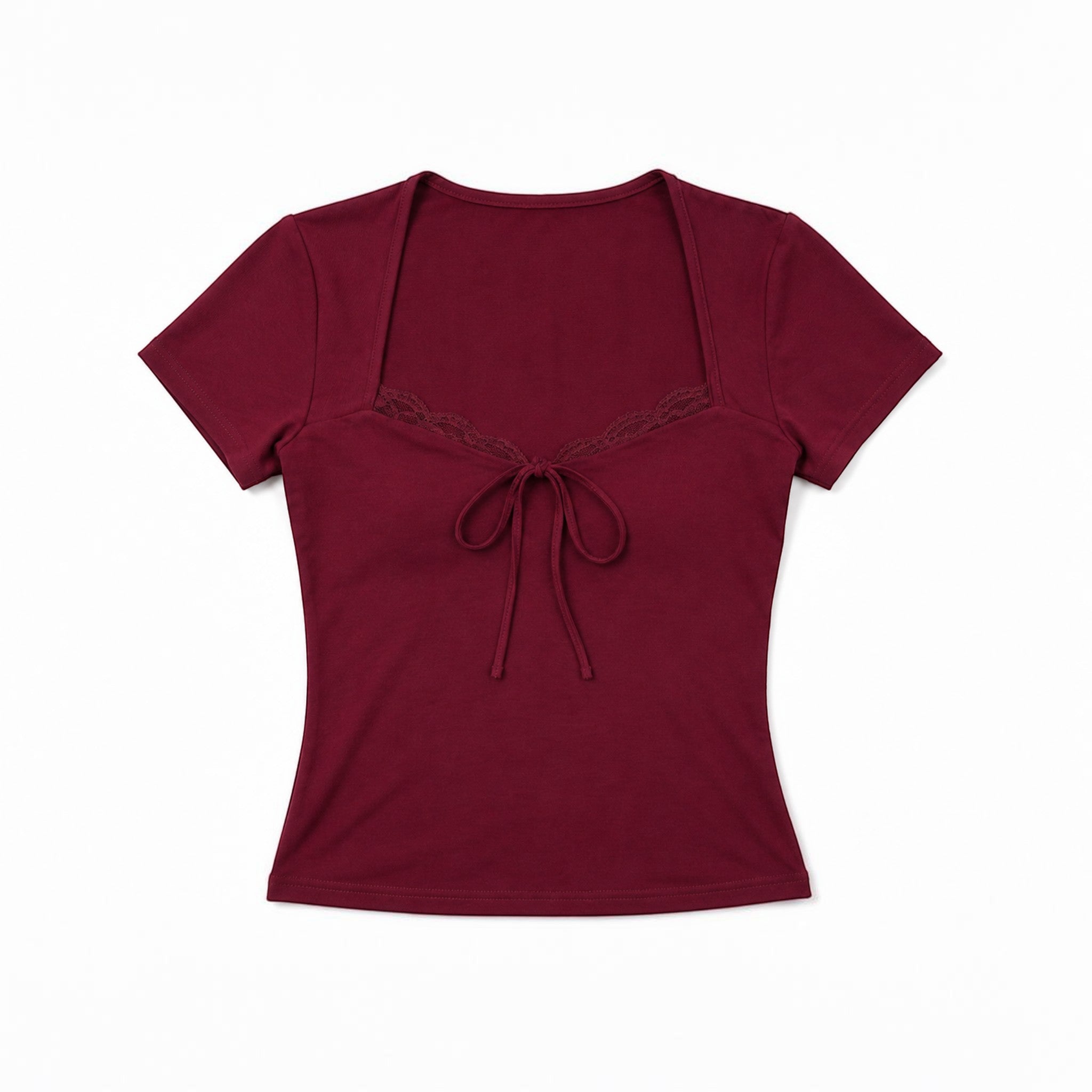Studio Ruban burgundy short-sleeve crop top with square neckline, lace trim, and tie front detail.