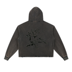 Studio Ruban charcoal grey distressed hoodie with cherub graphic on back and 'Amor' text on front. Relaxed fit.