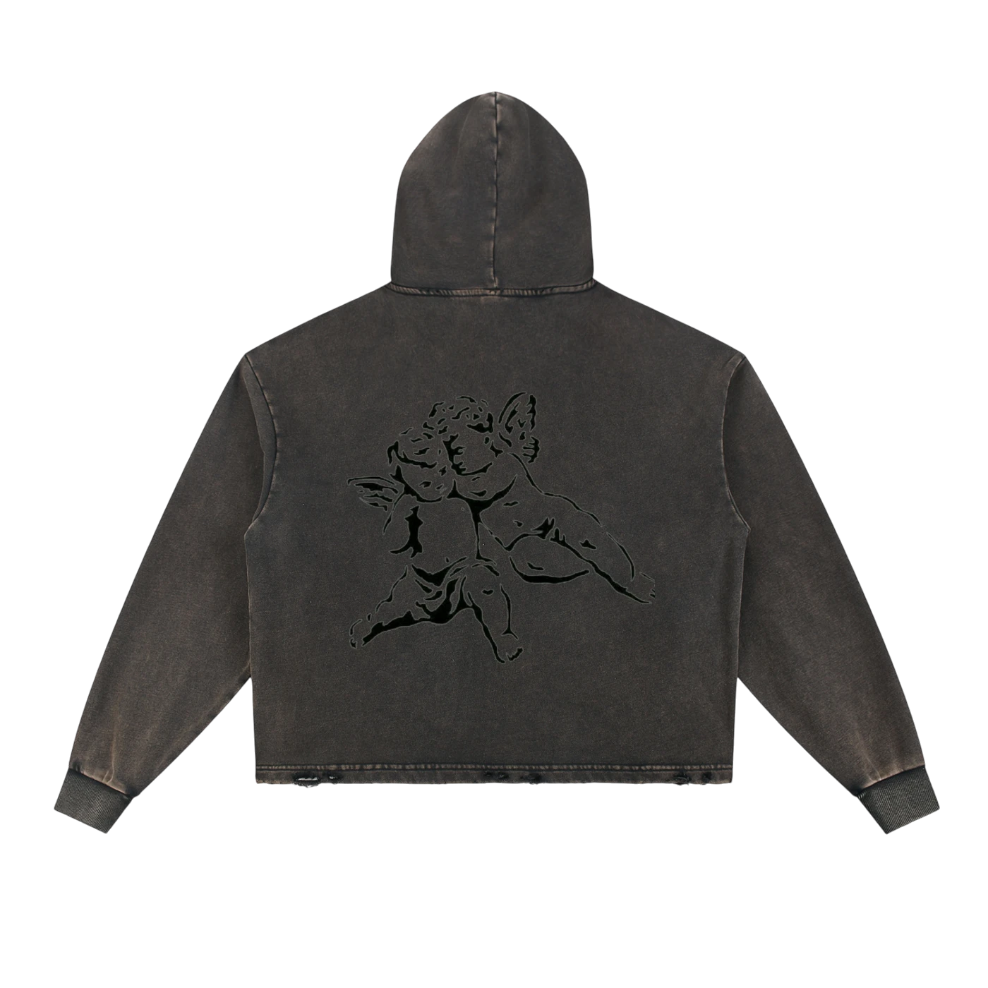 Studio Ruban charcoal grey distressed hoodie with cherub graphic on back and 'Amor' text on front. Relaxed fit.