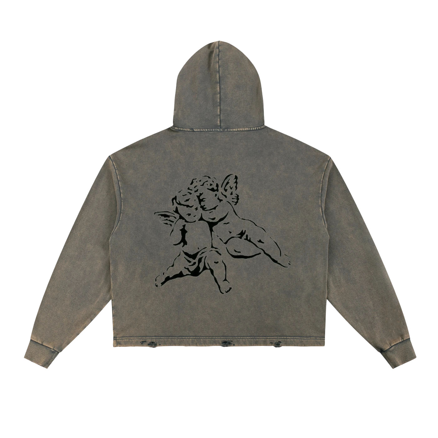 Studio Ruban grey distressed hoodie with cherub graphic on back and 'Amor' text on front. Relaxed fit.