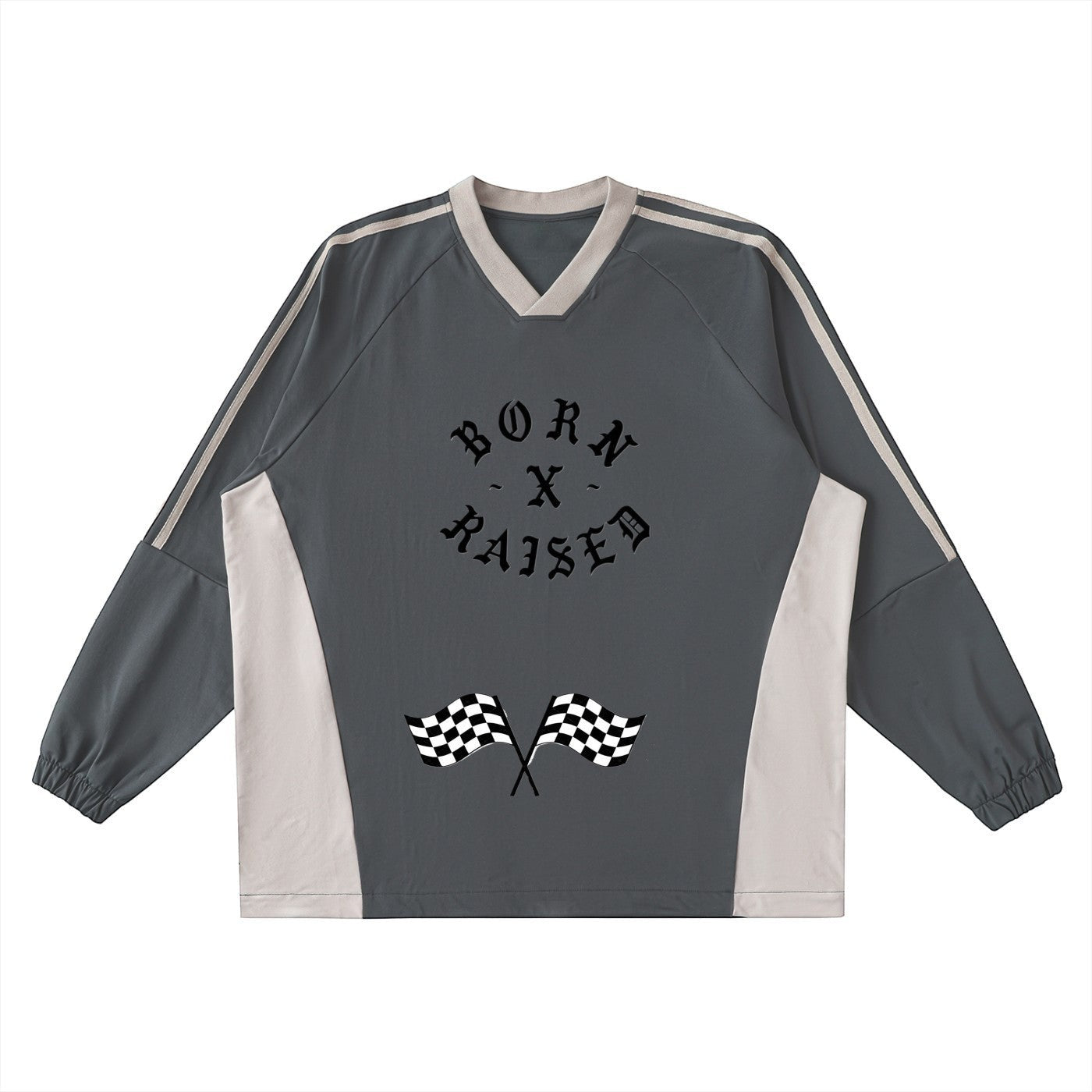 Studio Ruban grey and beige color-block long-sleeve t-shirt with V-neck and checkered flag graphic.
