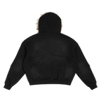 Studio Ruban Dala black faux fur trimmed hooded bomber jacket with embroidered logo detail.