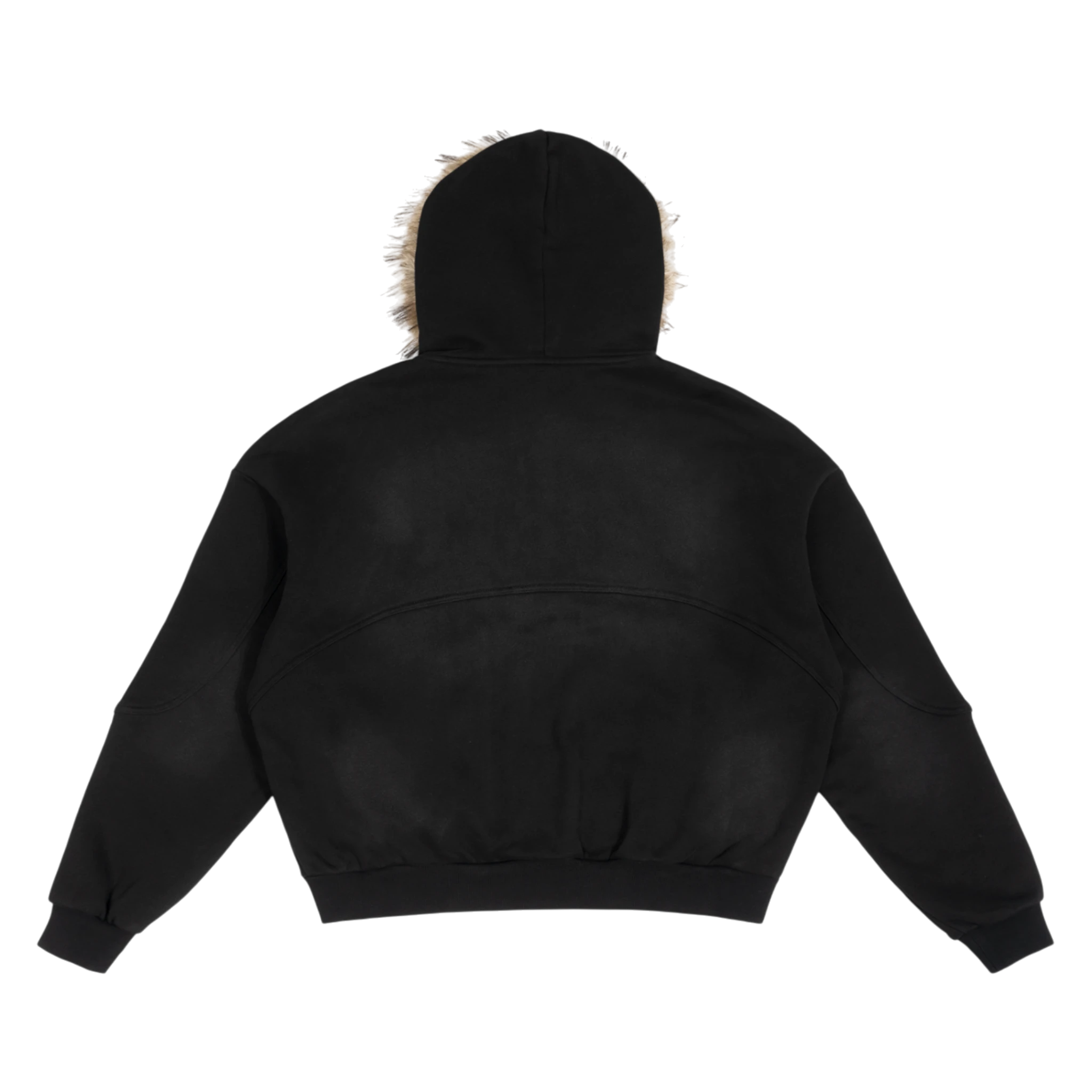 Studio Ruban Dala black faux fur trimmed hooded bomber jacket with embroidered logo detail.