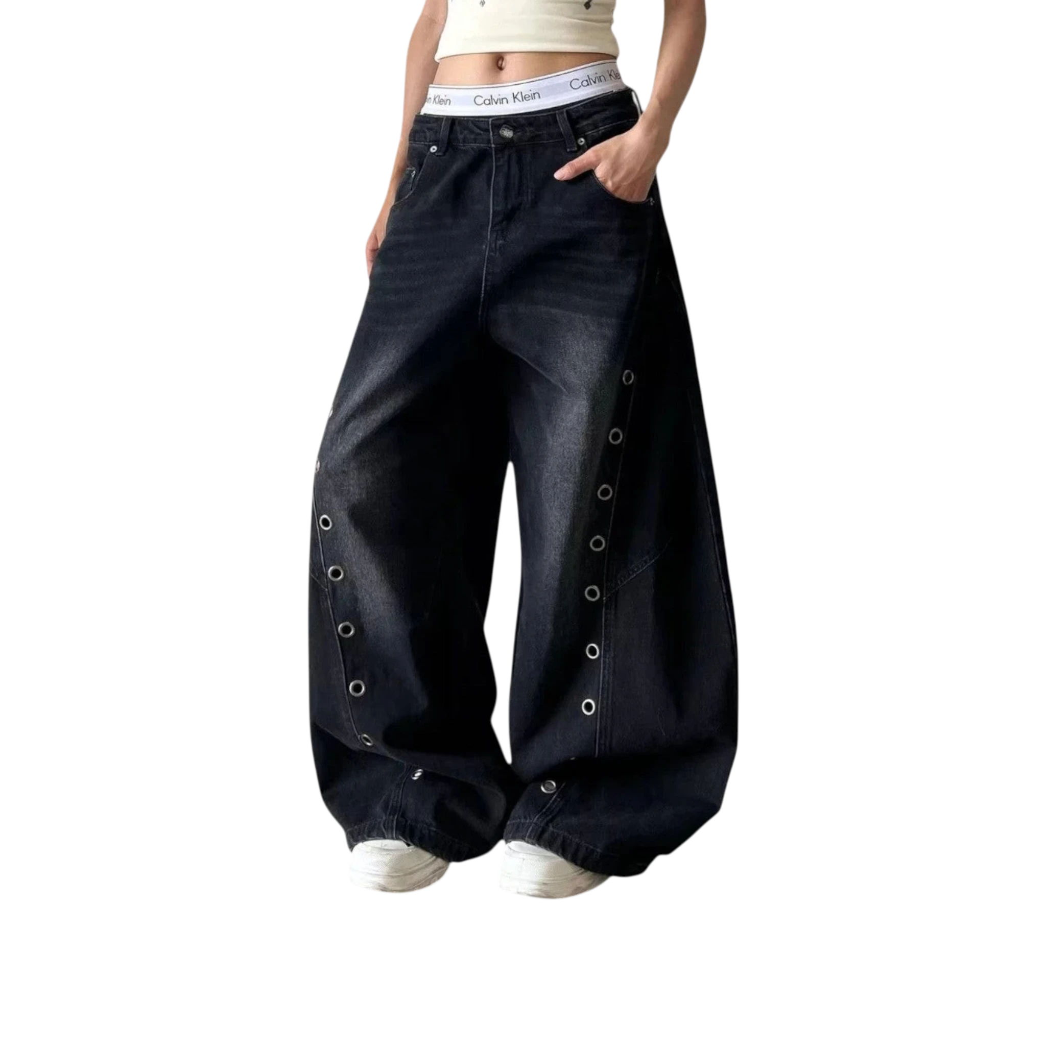 Studio Ruban dark washed wide-leg jeans with silver stud detailing down the sides. Relaxed fit.