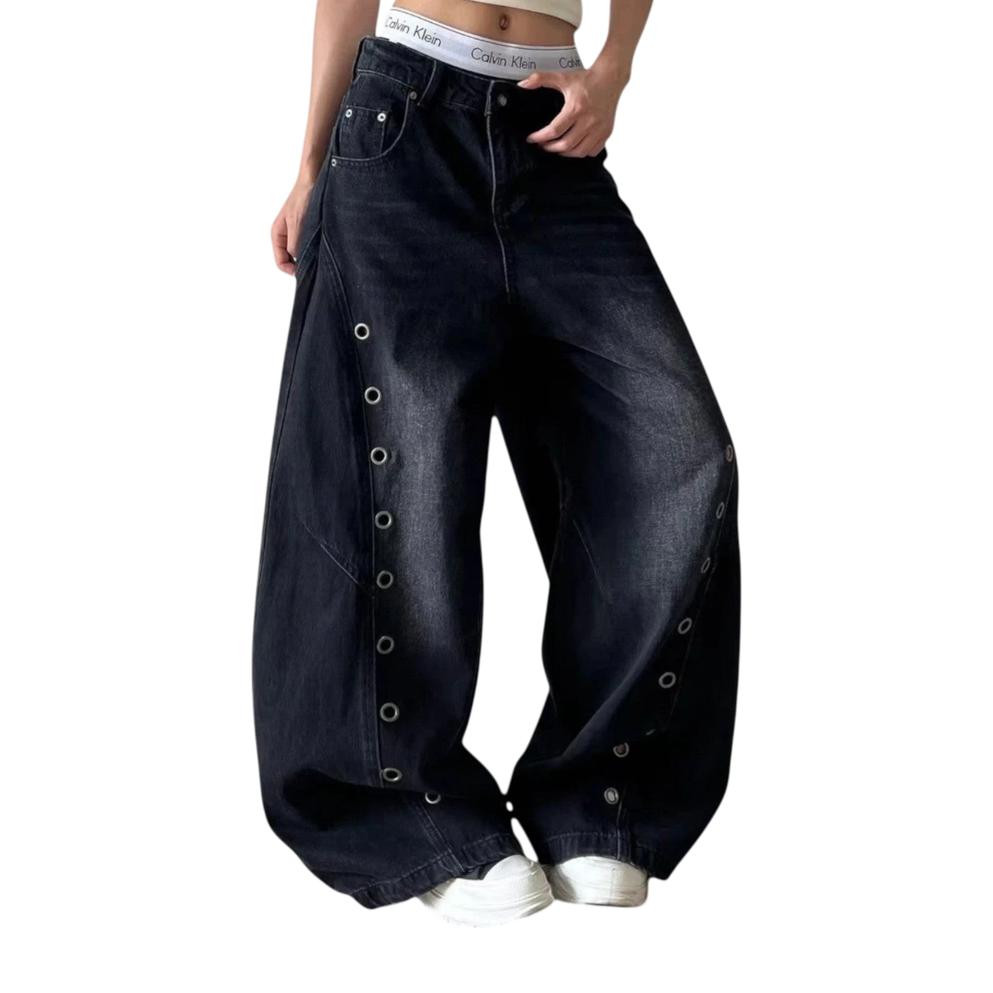 Studio Ruban dark washed baggy jeans with grommet details down the sides and a wide leg.
