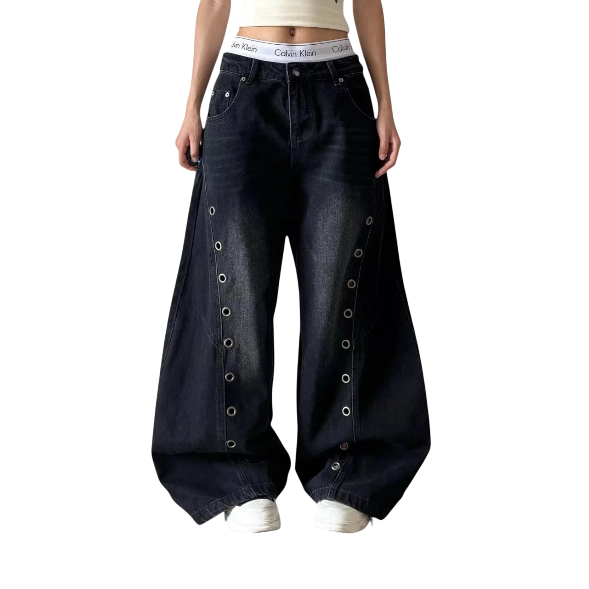 Studio Ruban dark washed wide-leg jeans with silver grommet detailing down the sides.
