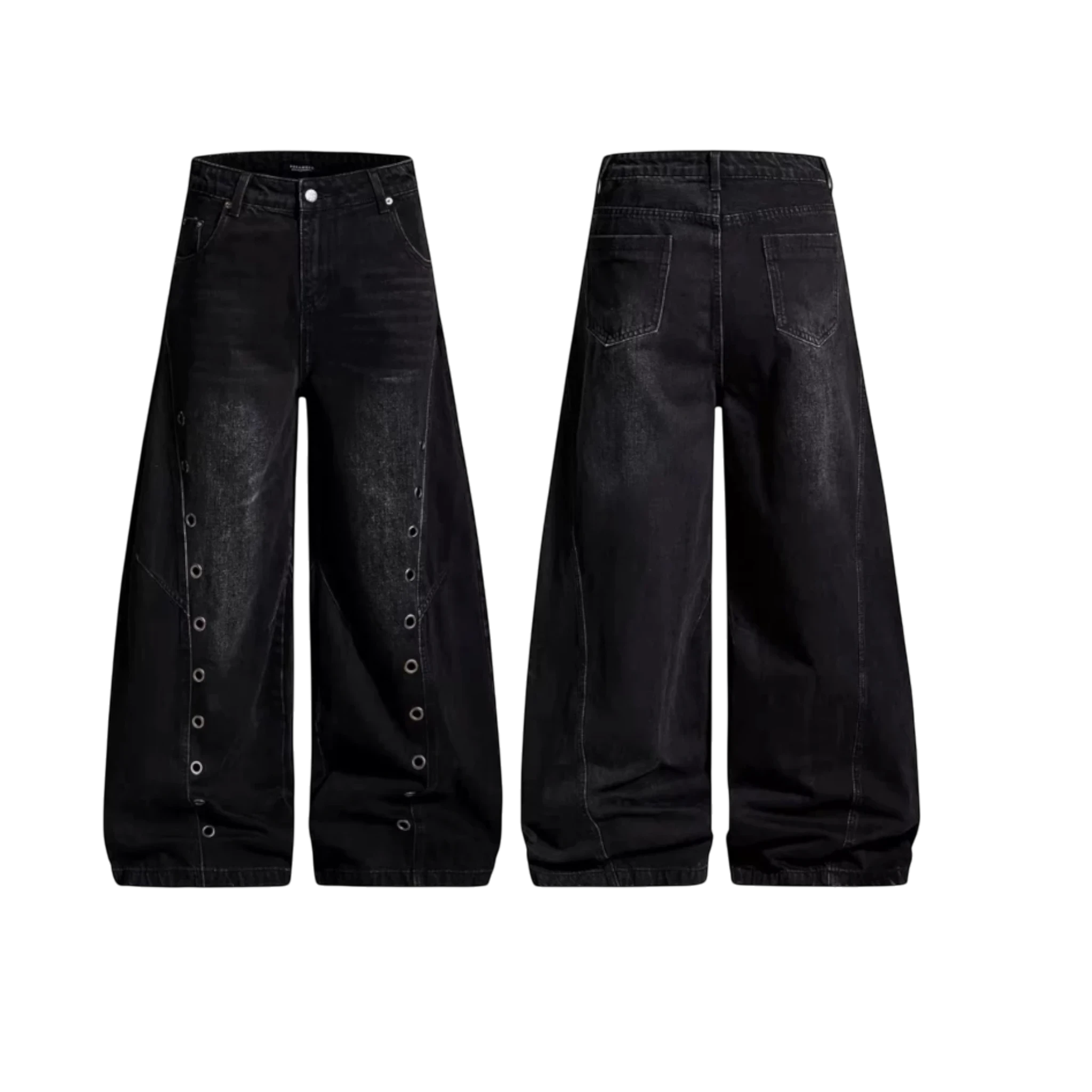 Studio Ruban Resi dark washed wide-leg jeans with silver stud detailing on the side seams.