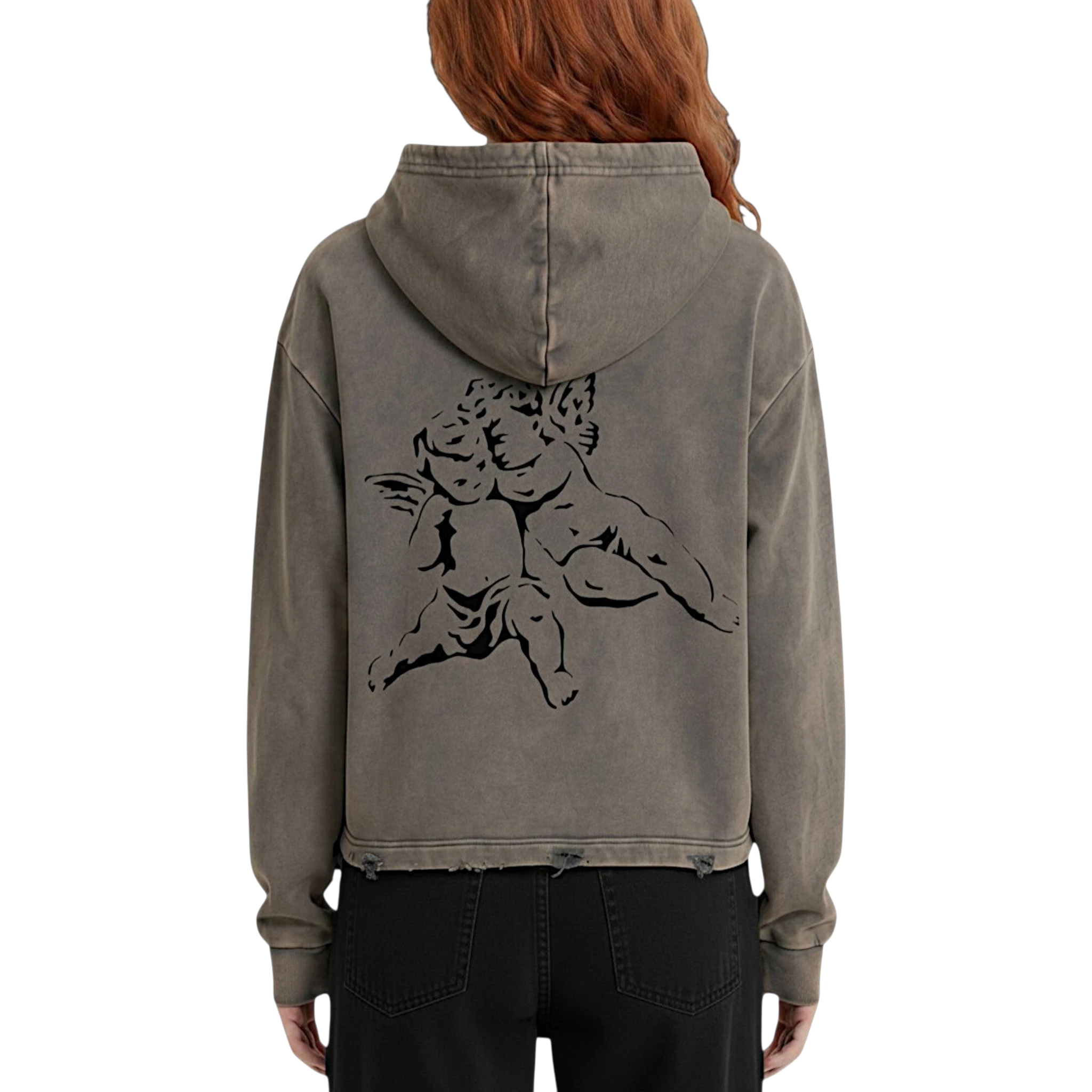 Studio Ruban grey distressed hoodie with cherub graphic on back and 'Amor' text on front. Relaxed fit.