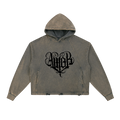 Studio Ruban grey distressed graphic hoodie with black 'Amor' gothic font design on front and cherub on back.