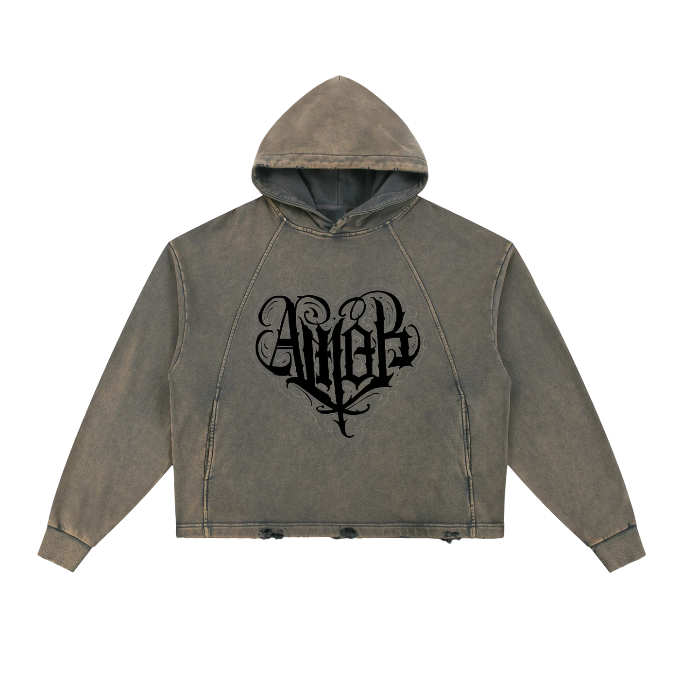 Studio Ruban grey distressed graphic hoodie with black 'Amor' gothic font design on front and cherub on back.