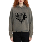 Studio Ruban grey distressed graphic hoodie with 'Amor' heart design on front and cherub on back. Relaxed fit.