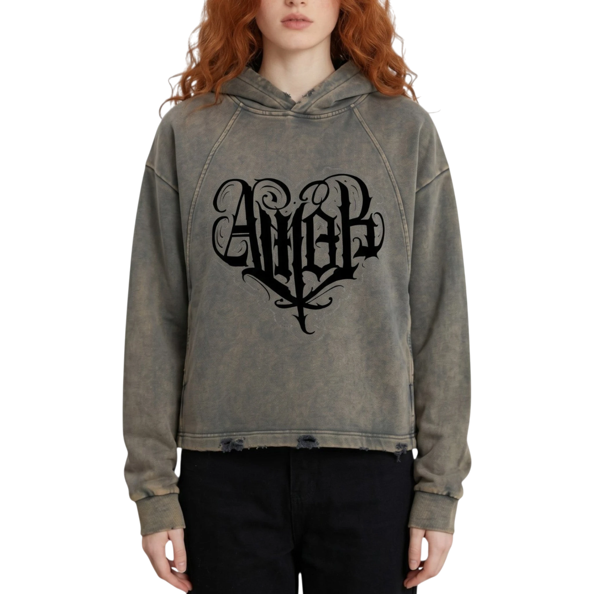 Studio Ruban grey distressed graphic hoodie with 'Amor' heart design on front and cherub on back. Relaxed fit.