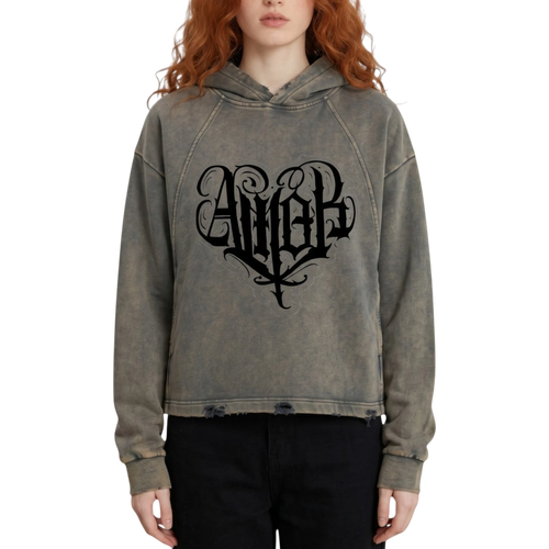 Studio Ruban grey distressed graphic hoodie with 'Amor' heart design on front and cherub on back. Relaxed fit.