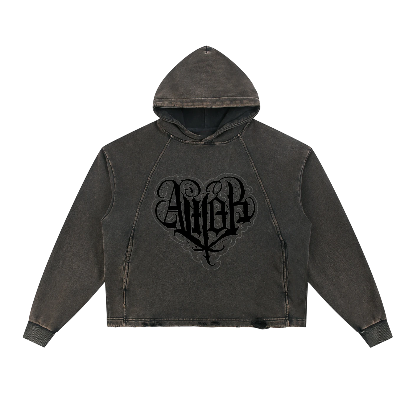 Studio Ruban distressed charcoal grey hoodie with black gothic 'Amor' graphic on front and cherub design on back.