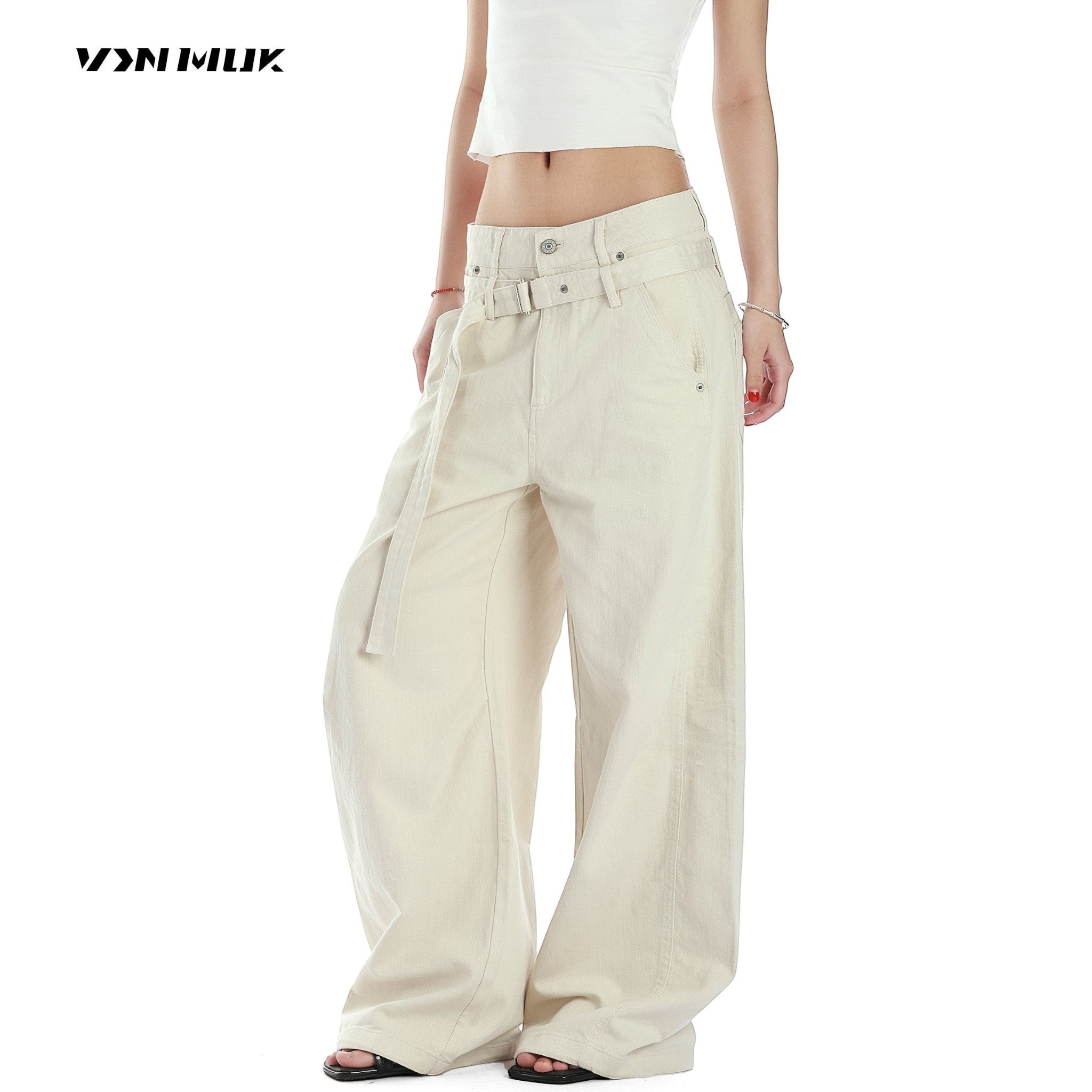 Studio Ruban Evi cream wide-leg slacks with belt and straight leg for women.